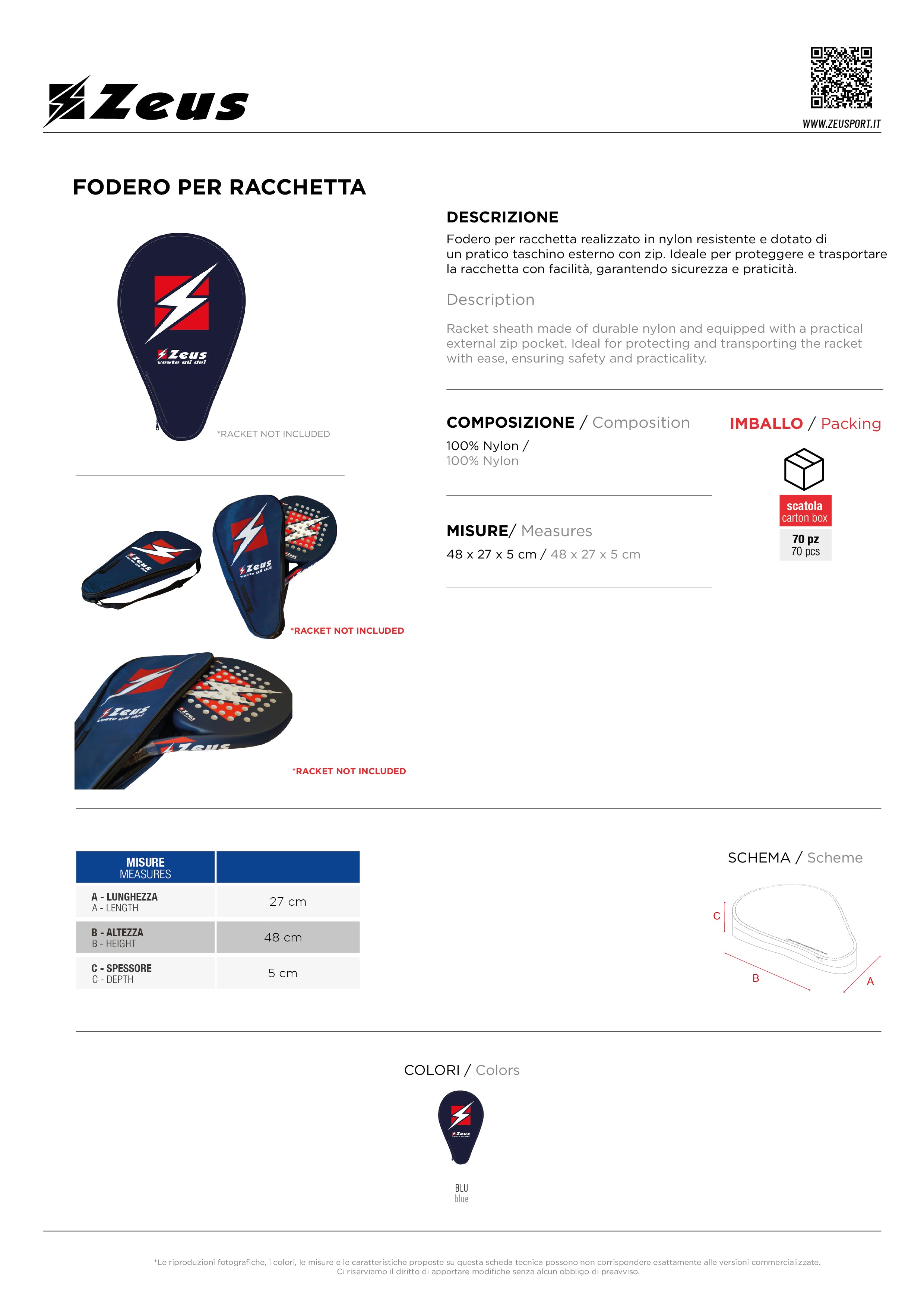 Zeus Schlägerhülle für Padel Schläger Fodero per Racchetta