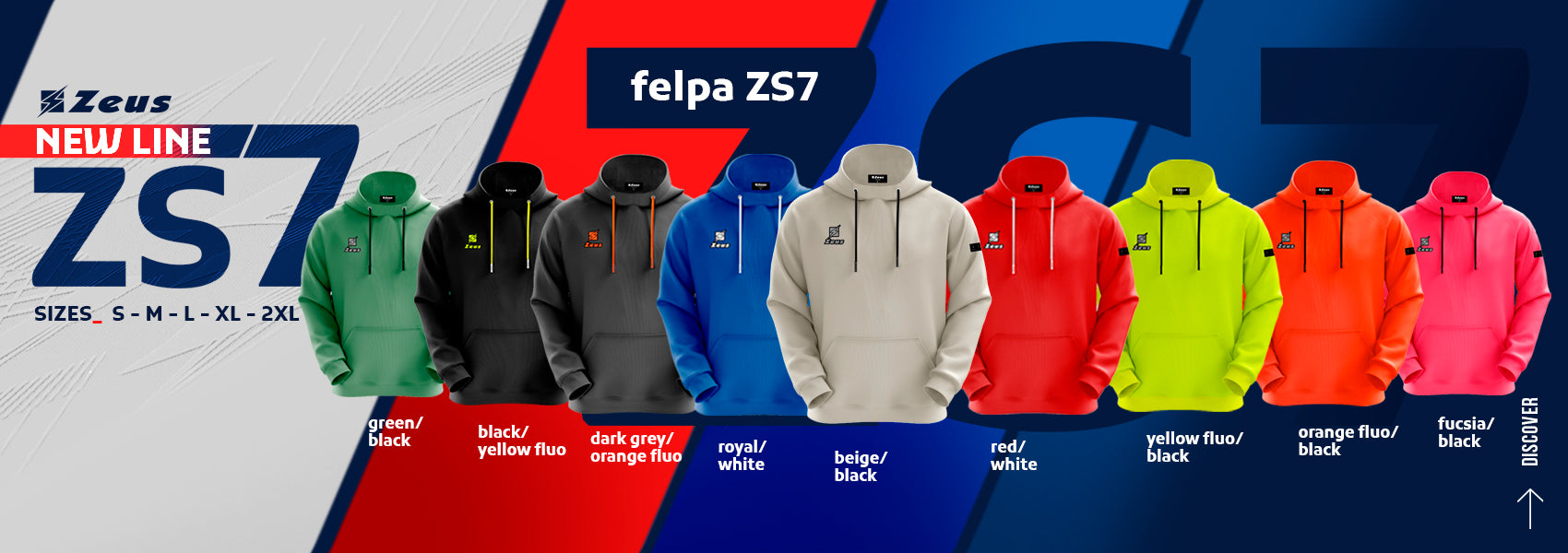 9 Hoodies vor dem Hintergrund der Zeus Farben